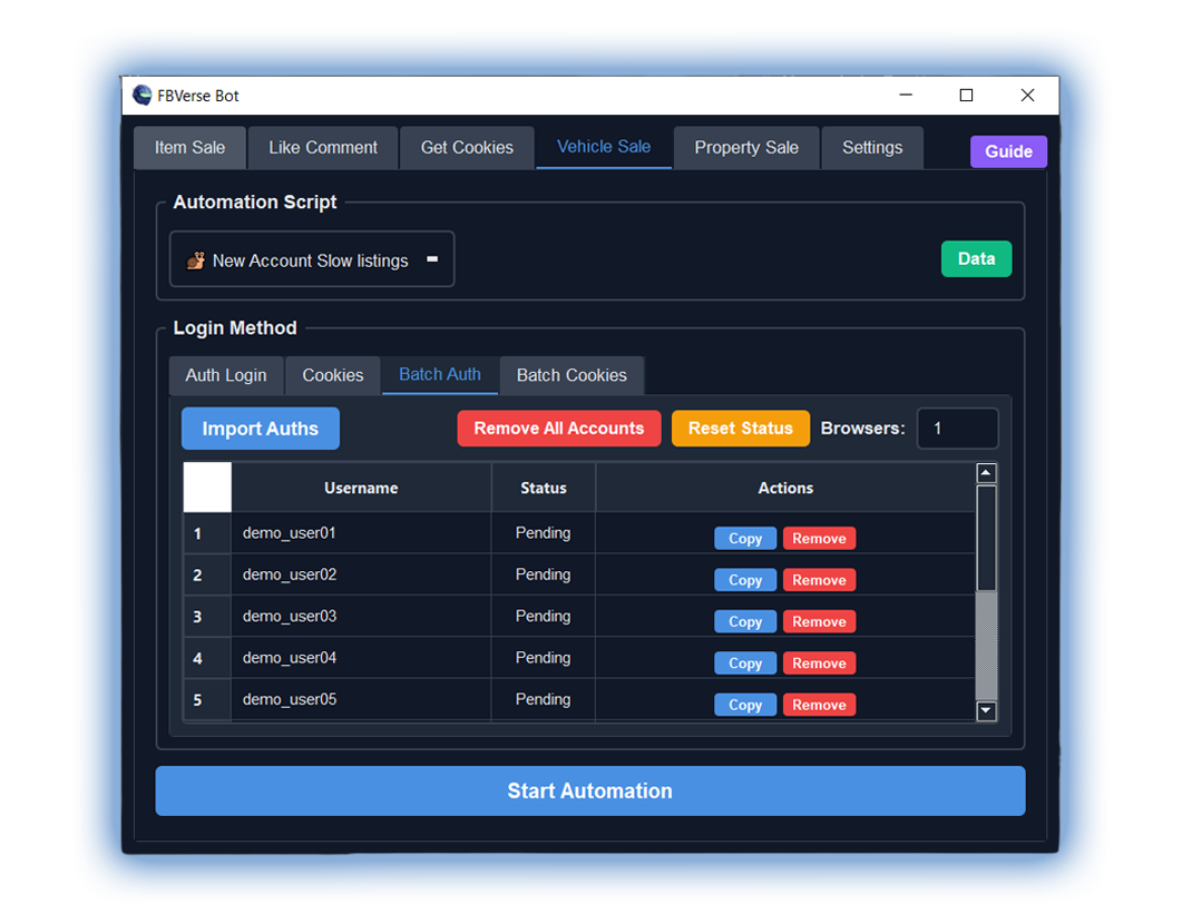 FBVerse Bot Interface Dashboard - Facebook Marketplace Auto Listing Software