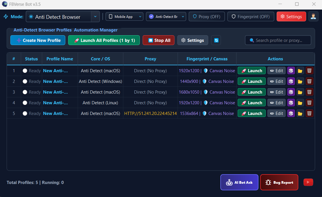 Anti-Detect Browser with Unlimited Profiles Screen