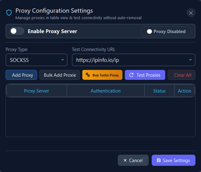 Enterprise Proxy Gateway (HTTP / SOCKS5) Screen