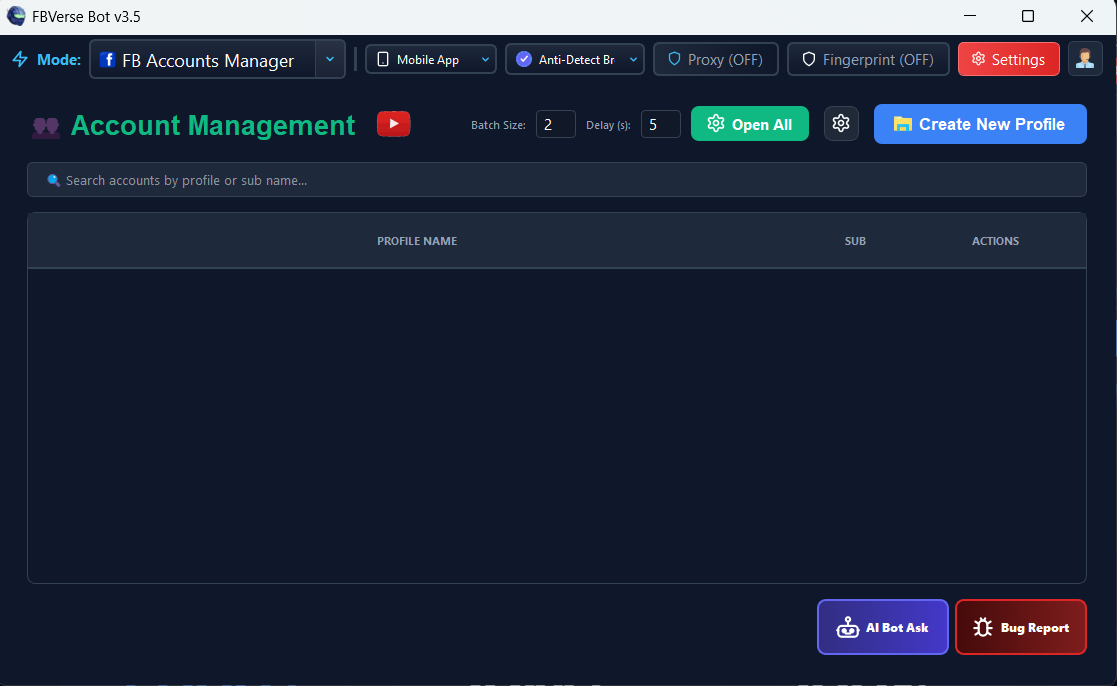 Centralized Account & Browser Manager - FBVerse Bot interface screenshot